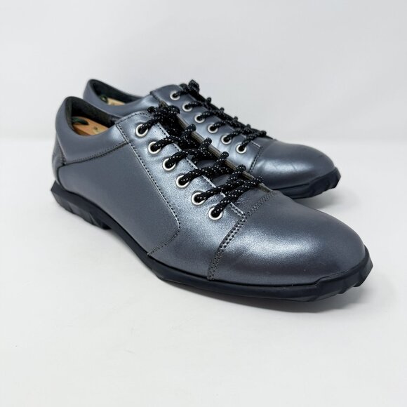 John Fluevog Metallic Silver Leather Cap Toe Derby Shoe Men's Size 8 EUC Lace Up - Picture 1 of 12